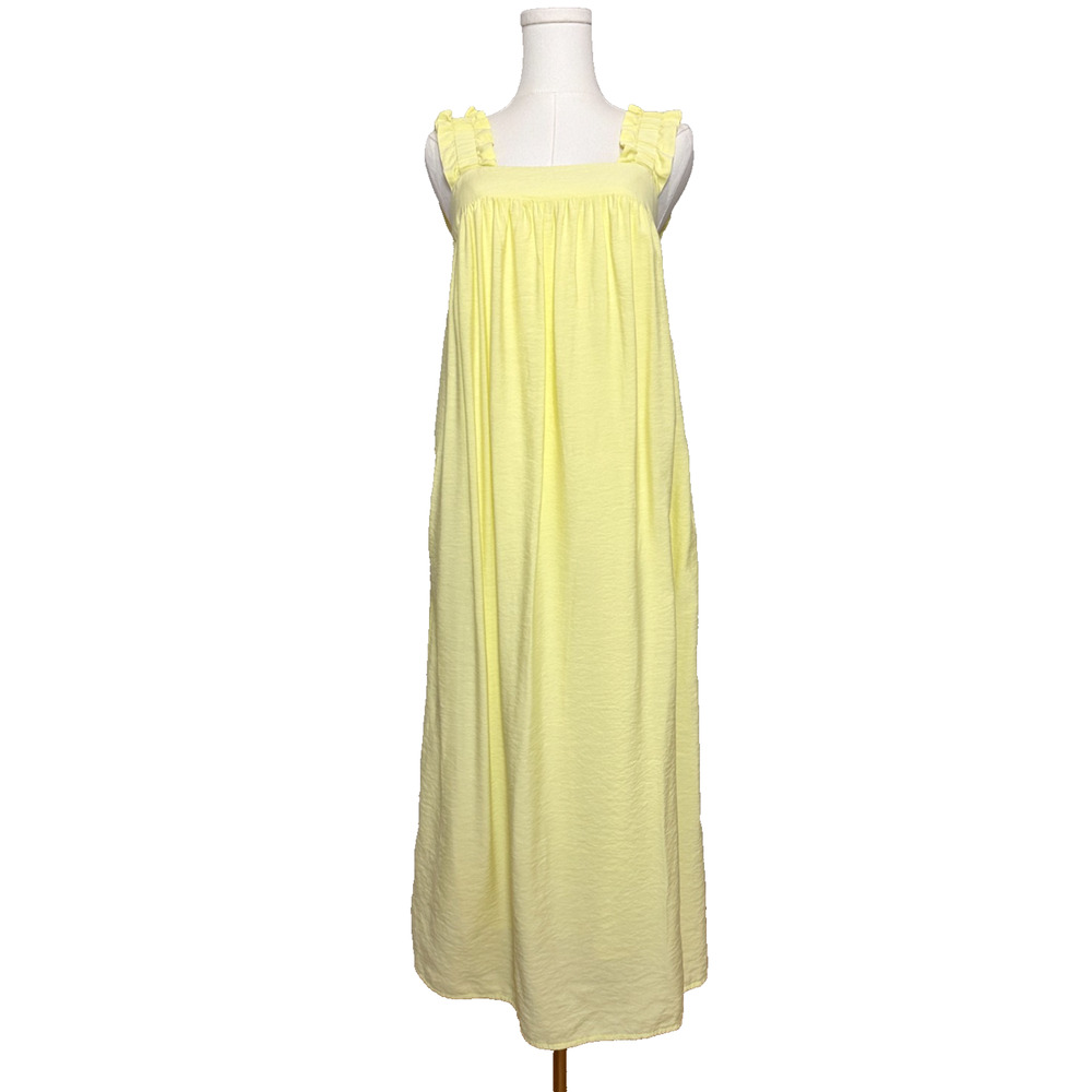 A New Day Yellow Nap Dress Ruffle Straps Smocked Back Midi Dress Pockets - Picture 1 of 8